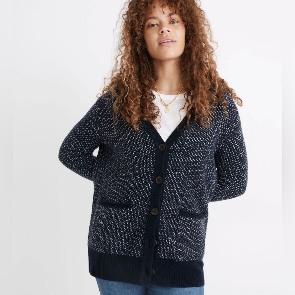 Madewell Navy & White Speckle V‑Neck Button Cardigan
